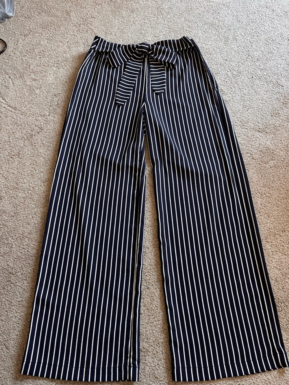 Striped Navy Wide-Leg Paperbag Pants with Self Tie